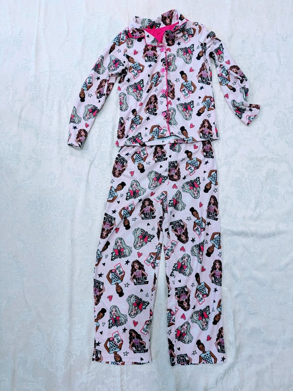 Barbie & Friends Fleece Pajama Set Girls Sz 10 Pink Button Up PJ Pants Rare